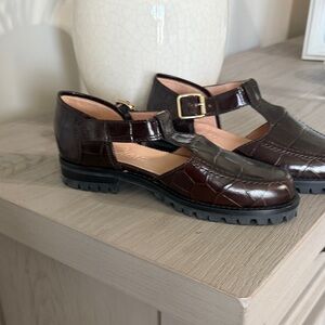 J. Crew Dark Brown Croc-Embossed Mary Jane Mules